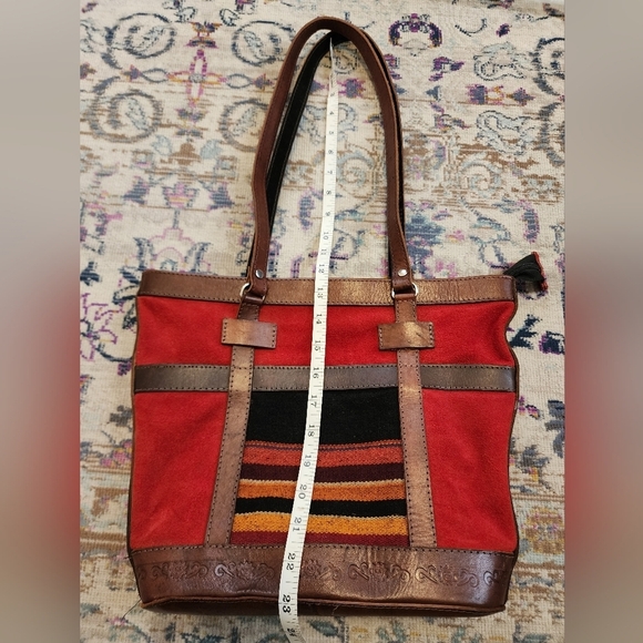 Handcraft Bolivian Red Suede & Brown 100% Leather Tote Bag - Picture 10 of 12